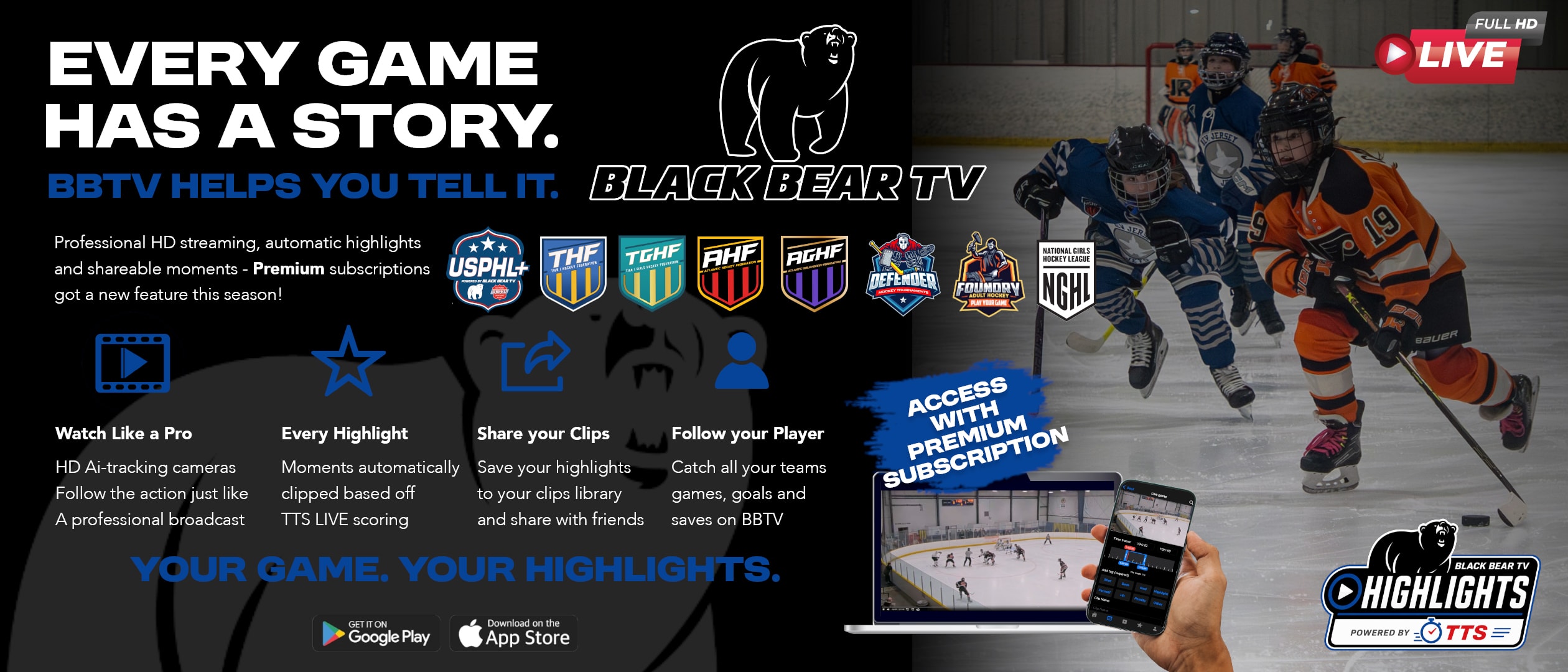 Black Bear TV promotional graphic for watching USPHL hockey